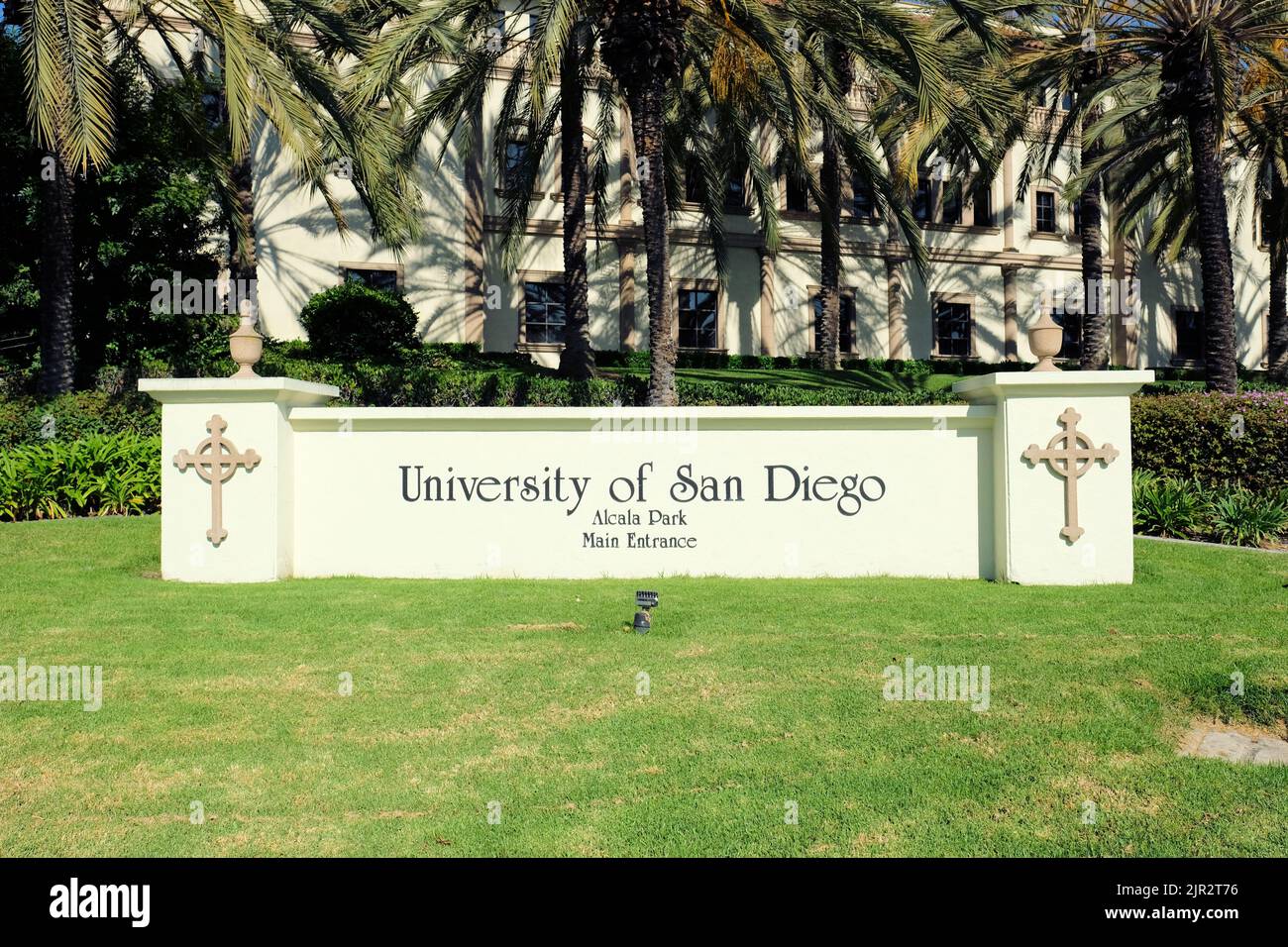 Panneau à l'entrée principale du parc Alcala de l'Université de San Diego, à San Diego, Californie; enseignement supérieur, religieux, Université catholique. Banque D'Images