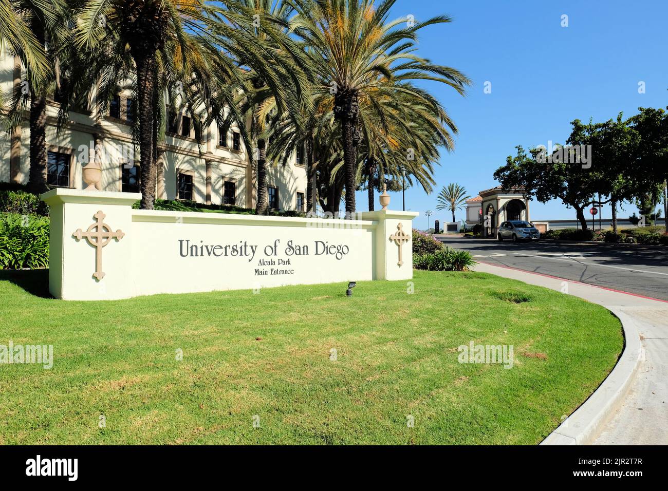 Panneau à l'entrée principale du parc Alcala de l'Université de San Diego, à San Diego, Californie; enseignement supérieur, religieux, Université catholique. Banque D'Images