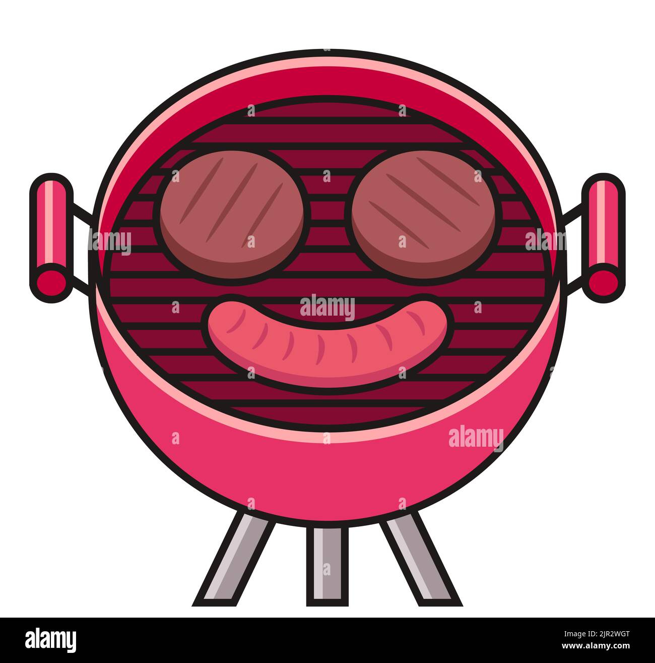 Patties de hamburger et saucisses en forme de visage smiley sur le barbecue. Nourriture barbecue dans le style de dessin animé plat, illustration d'art de clip isolé vectoriel. Illustration de Vecteur