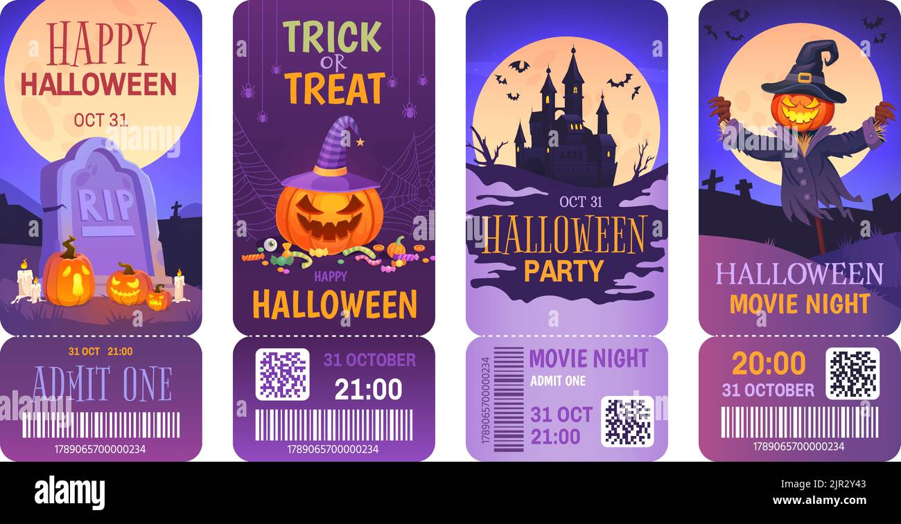 Billets pour Halloween. Helloween film ticket design, film Party invitation coupon horreur flyer tag creepy headstone effrayant texte, théâtre poster ingénieux illustration vectorielle de film ticket halloween Illustration de Vecteur