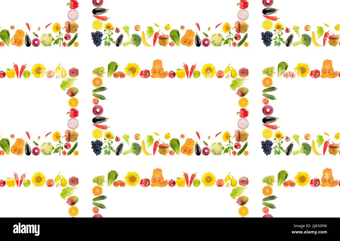Grand motif lumineux sans couture fruits frais sains, légumes, baies isolés sur fond blanc. Banque D'Images