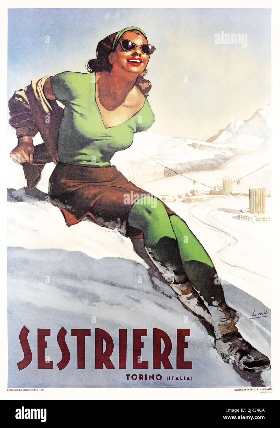 Affiche de sport d'hiver vintage - affiche de voyage - Gino Boccasile - Sestriere - 1946. Banque D'Images