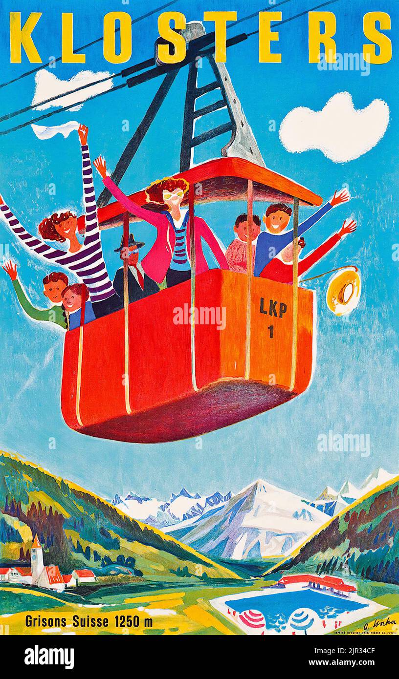 Affiche de voyage vintage - Alex stocker (1926-1951) KLOSTERS - des gens heureux dans un ascenseur de cabine. Grison Suisse, Suisse. Banque D'Images