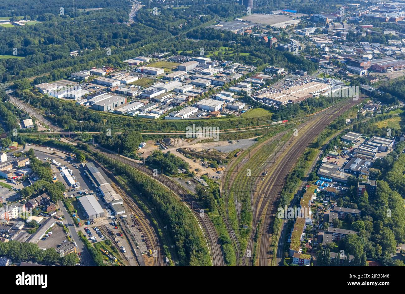 Vue aérienne, terrain de construction à Gleisdreieck près de la gare principale d'Oberhausen et de la zone industrielle Max-Planck-Ring, Marienviertel, Oberhausen, région de Ruhr, NOR Banque D'Images