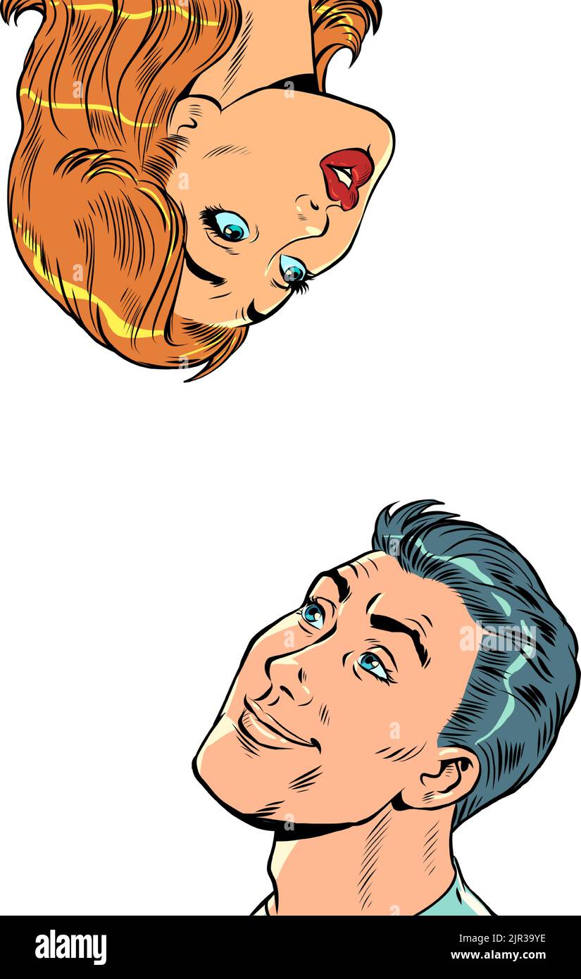 Pop art beau homme et femme regardent l'un l'autre avec surprise. Grande face. Couples amoureux Illustration de Vecteur