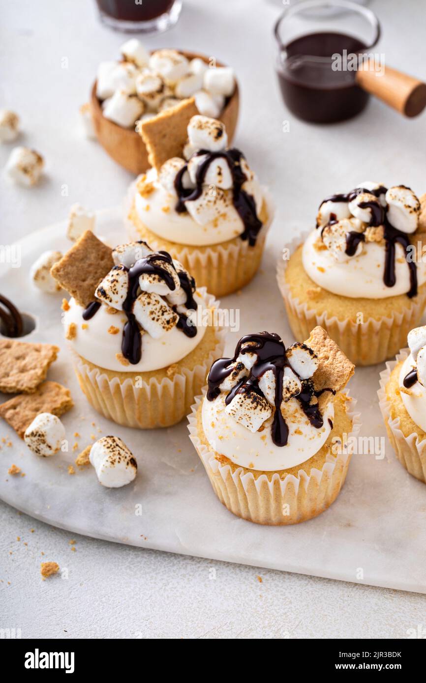 Smores cupcakes avec biscuits graham, marshmallows grillés et chocolat Banque D'Images