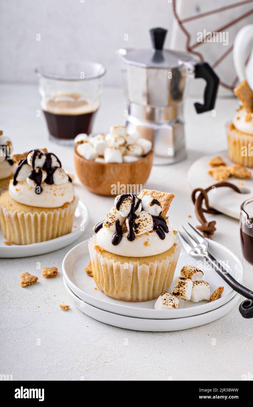 Smores cupcakes avec biscuits graham, marshmallows grillés et chocolat Banque D'Images