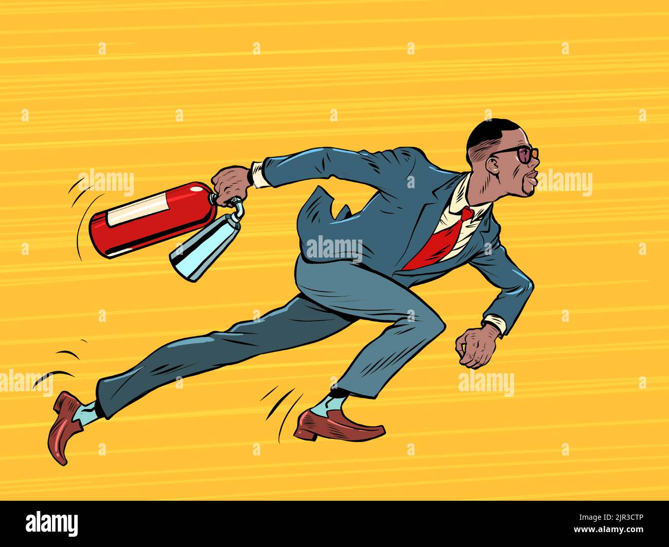 Un homme d'affaires équipé d'un extincteur se prépare à éteindre un incendie. Incident extrêmement dangereux. Lutte contre l'incendie Illustration de Vecteur