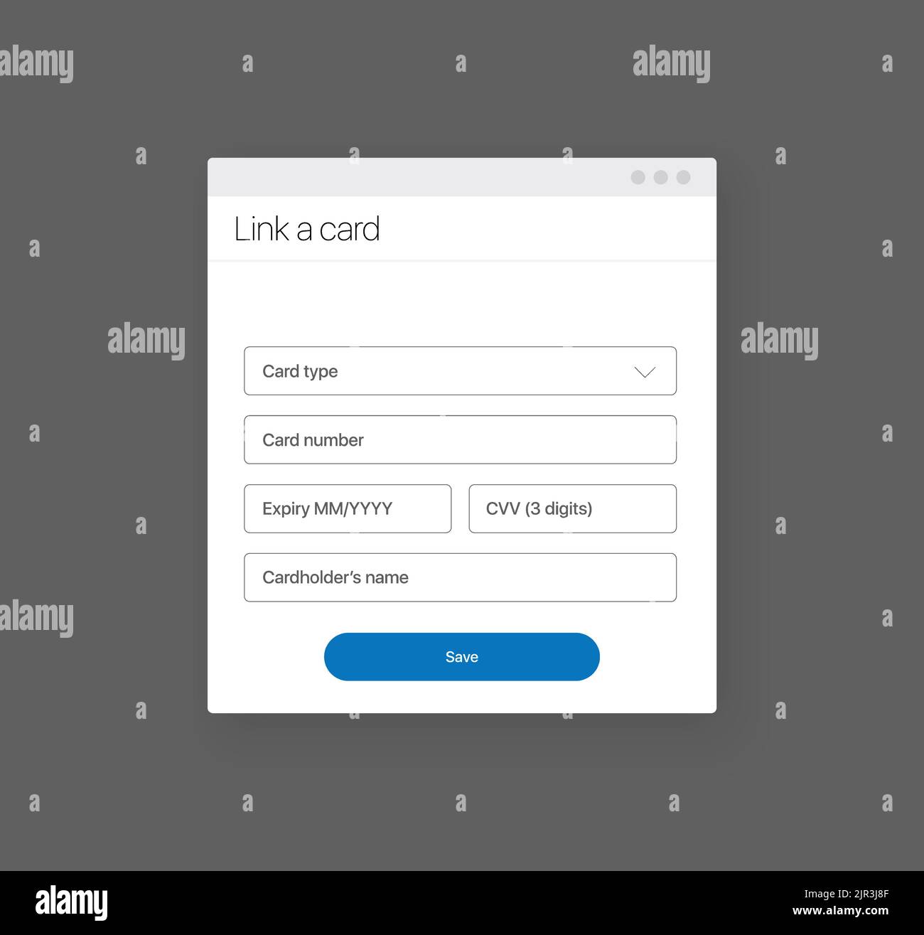 Ajouter une carte bancaire. Concept de mode de paiement. Lier votre compte bancaire écran Ajouter une étape de carte de crédit. Concept de conception d'interface utilisateur de style minimal Illustration de Vecteur