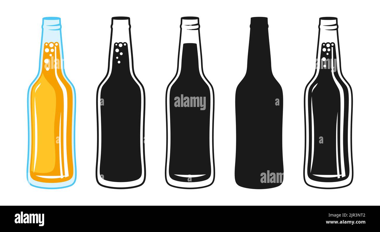 Ensemble d'affiches pour bouteille de bière. Icône de design rétro, silhouette, symbole de l'alcool doré lager ALE. Brasserie pub festival de la bière, gravure de l'Oktoberfest d'époque. Bouteille vierge pour menu de bar, fête d'invitation Illustration de Vecteur