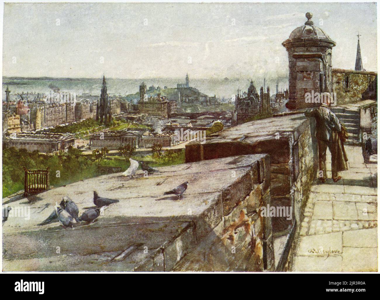 Vue d'Édimbourg, Écosse - depuis le château d'Édimbourg, vers 1920, montrant les remparts de la batterie d'Argyle en premier plan. À l'arrière-plan se trouvent la Royal institution, la National Gallery, le Walter Scott Monument et le Nelson Monument. Banque D'Images