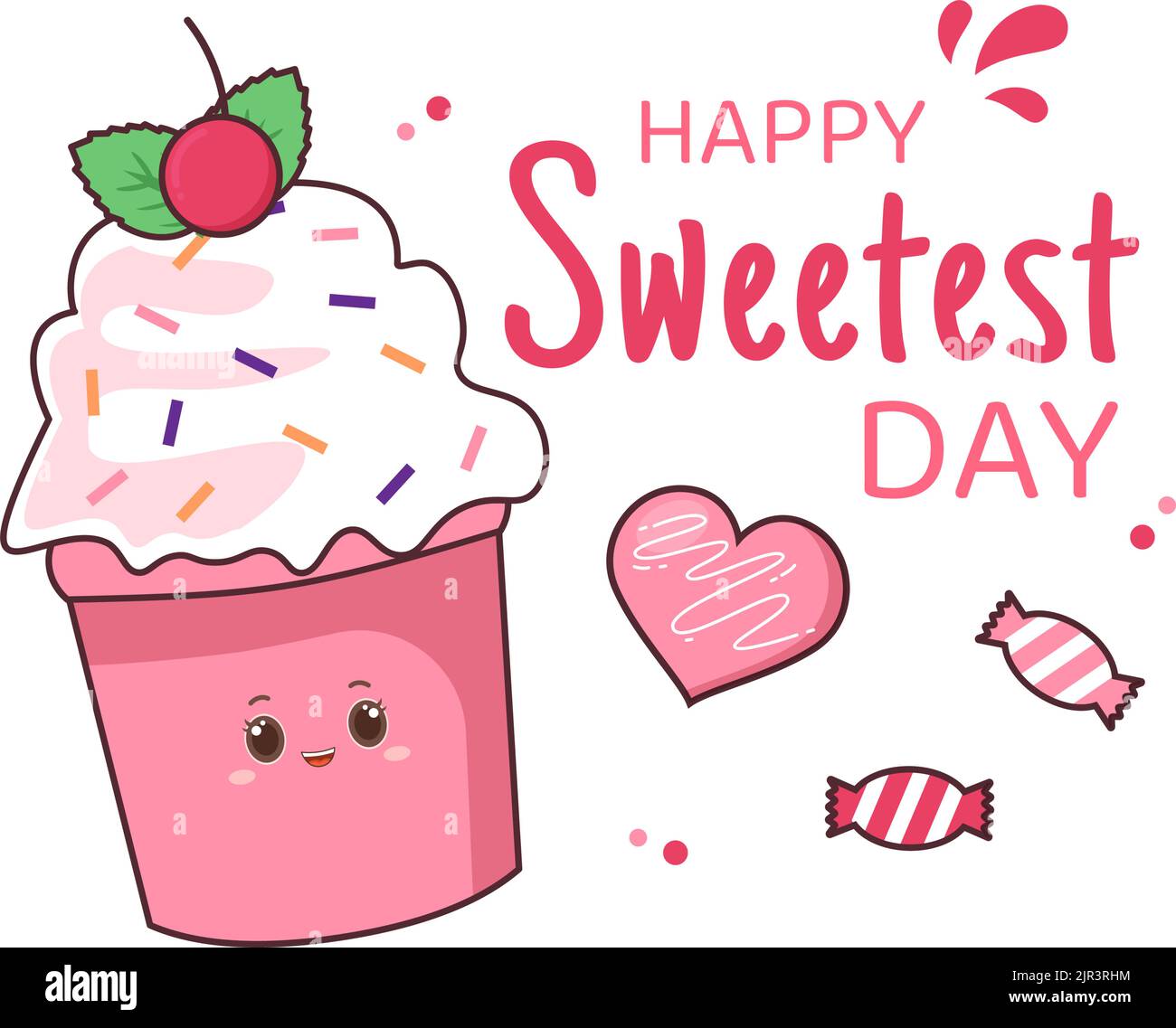 Joyeux jour sucré le 21 octobre Sweet Holiday Event dessin main dessin de dessin animé dessin animé dessin animé de dessin animé avec des gâteaux et de la bonbons dans un fond rose Illustration de Vecteur