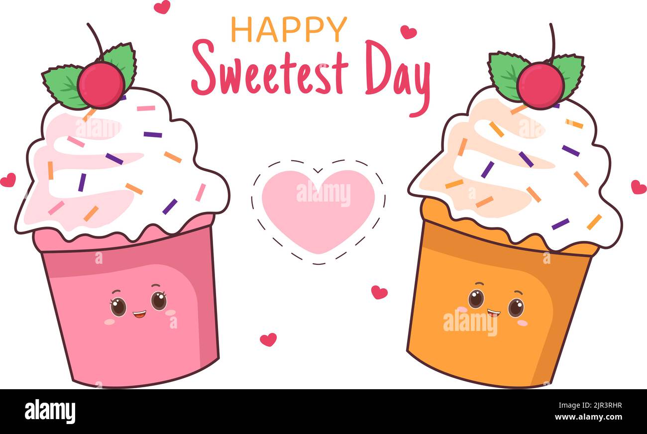 Joyeux jour sucré le 21 octobre Sweet Holiday Event dessin main dessin de dessin animé dessin animé dessin animé de dessin animé avec des gâteaux et de la bonbons dans un fond rose Illustration de Vecteur