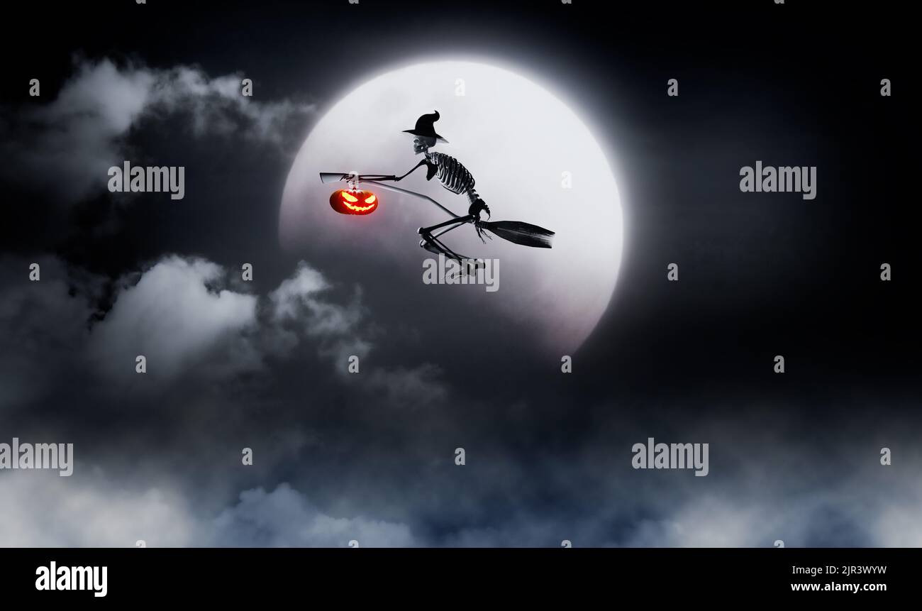 squelette sorcière dans la nuit pleine lune, festival d'halloween, 3d rendu d'illustration Banque D'Images