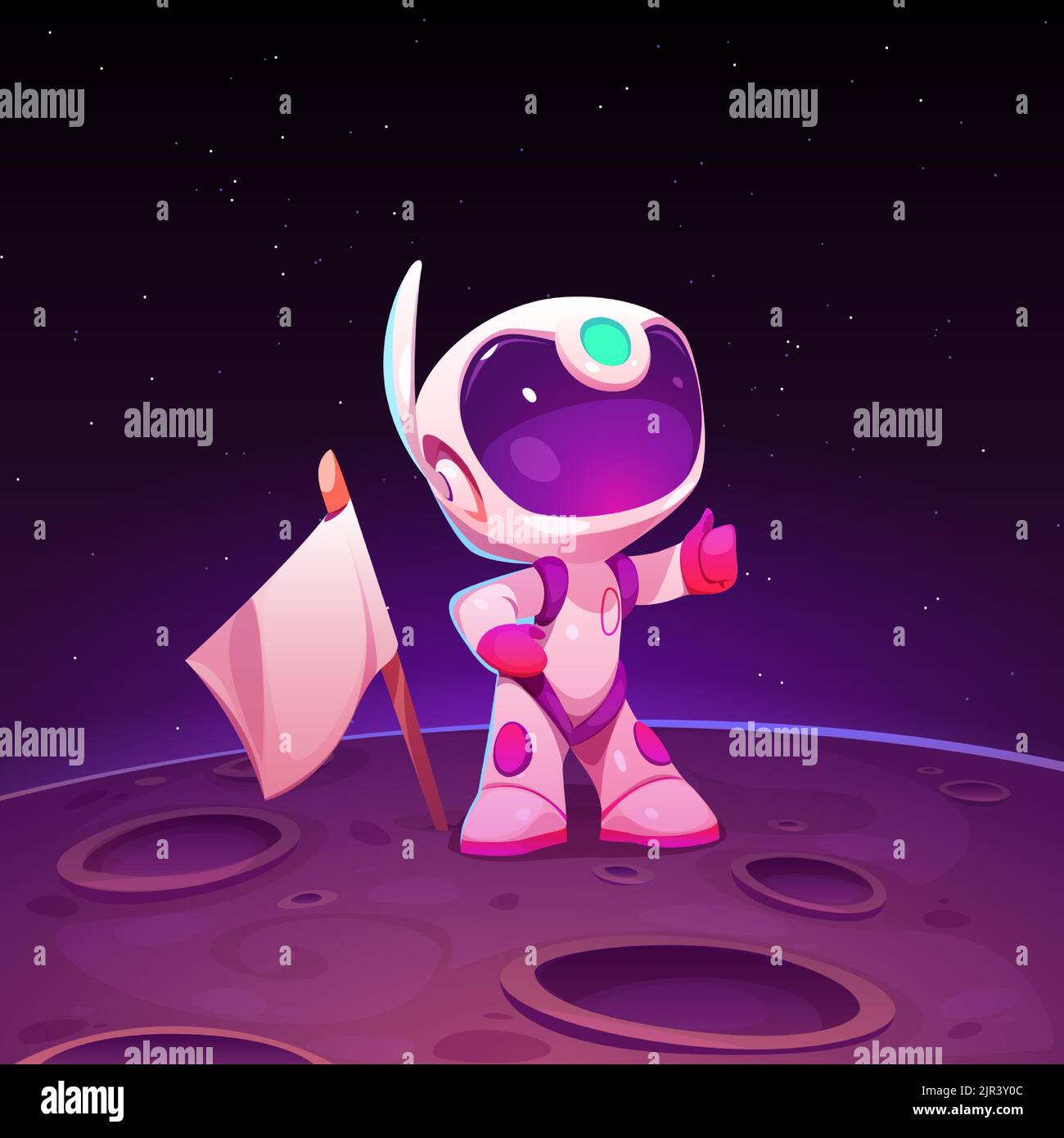 Astronaute sur la Lune, exploration spatiale, concept de mission de colonisation. Adorable cosmonaute de dessin animé sur la surface de la planète extraterrestre avec cratères et drapeau. Voyage interstellaire, pionnier dans la galaxie lointaine, illustration vectorielle Illustration de Vecteur