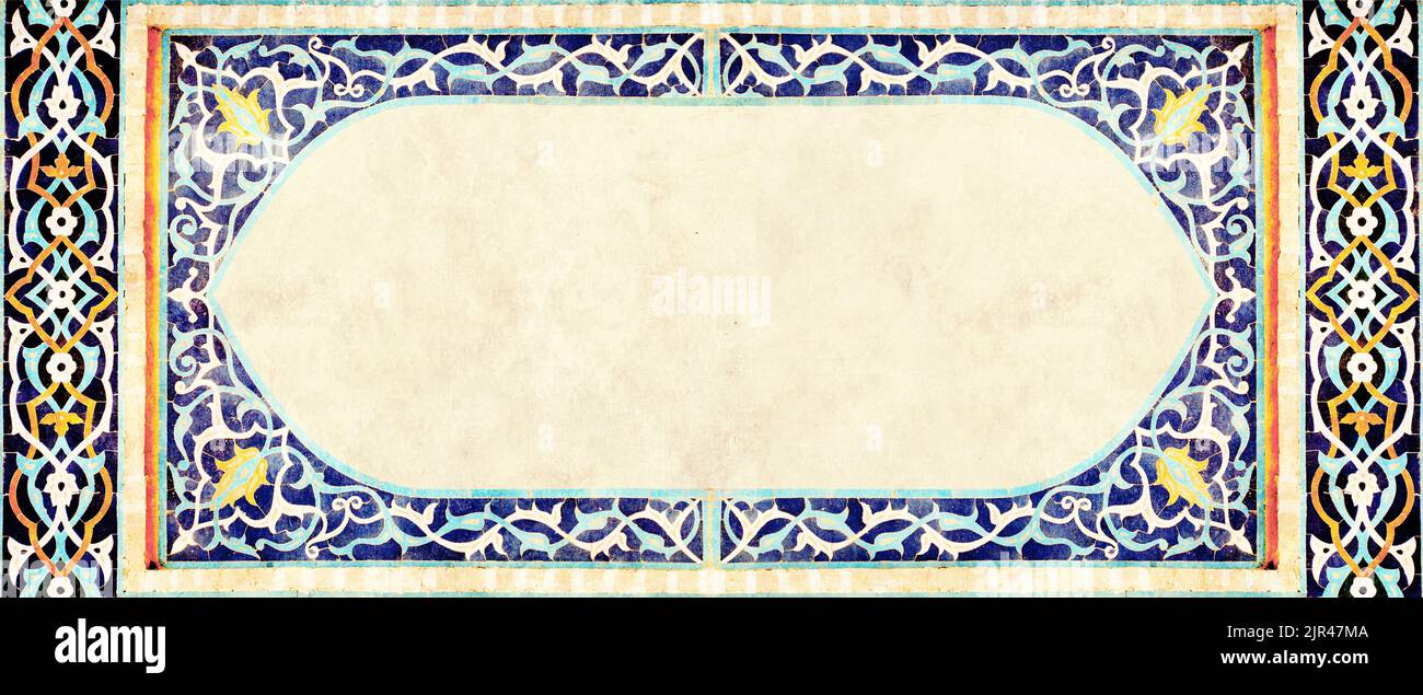 Banderole horizontale grunge avec la texture du vieux papier et le détail de la mosaïque persane traditionnelle géométrique et décoration florale, Iran. Modèle de maquette. Copie s Banque D'Images