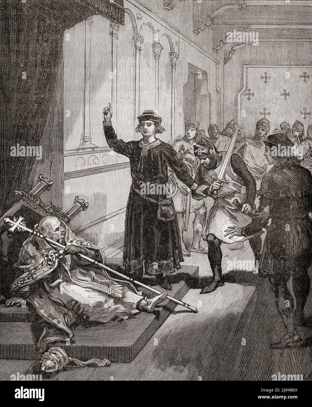 Sciarra Colonna et Guillaume de Nogaret attaquent le pape Boniface VIII, 1303. Guillaume de Nogaret, 1260 – 1313. Homme d'État français, conseiller et détenteur du sceau de Philippe IV de France. Giacomo Colonna, 1270-1329, alias Sciarillo ou Sciarra. Membre de la puissante famille Colonna. Pape Boniface VIII, c. 1230 – 1303. Chef de l'Église catholique et chef des États papal du 24 décembre 1294 à sa mort en 1303. De Histoire de France, publié en 1855. Banque D'Images