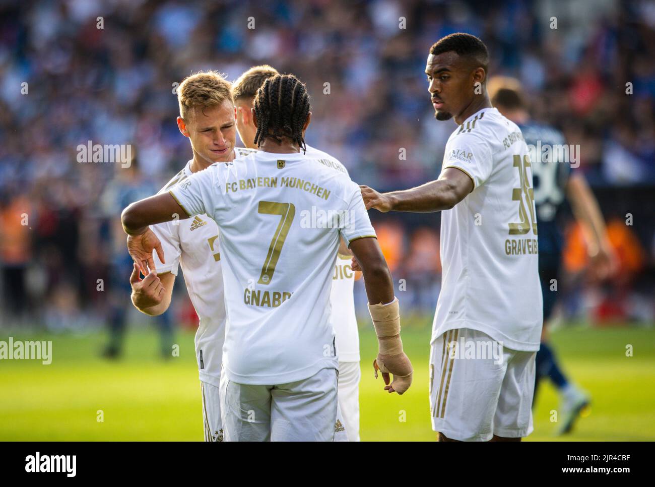 Torjubel: Joshua Kimmich (Muenchen), Serge Gnabry (Muenchen), Ryan Gravenberch (Muenchen) VfL Bochum - FC München Bayern 21.08.2022, Fussball; saison Banque D'Images