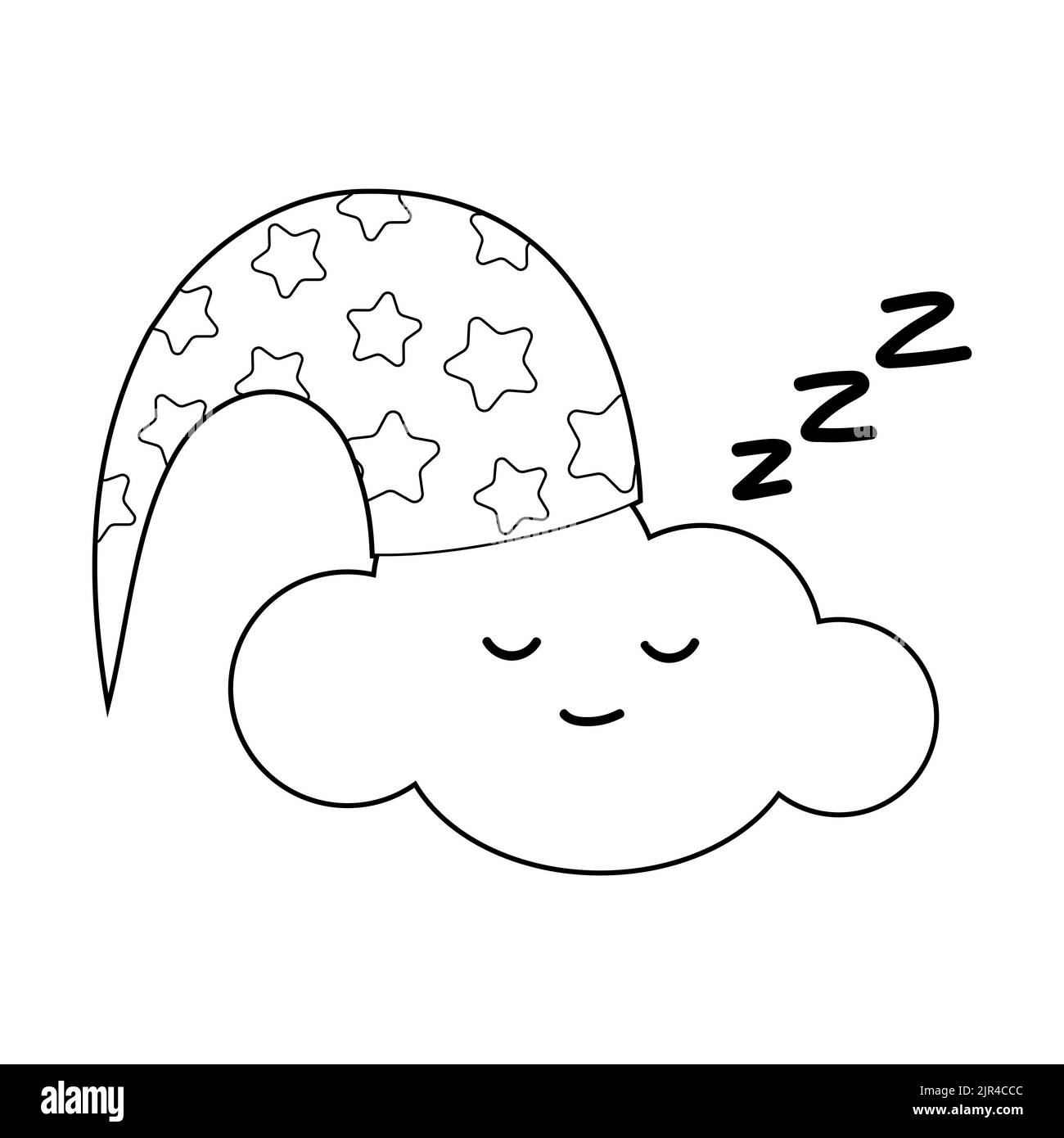 Livre de coloriage pour enfants. Dessinez un joli nuage de dessin animé en dormant dans les nuages dans une casquette de sommeil basée sur le dessin. Vecteur isolé sur un backgroun blanc Illustration de Vecteur