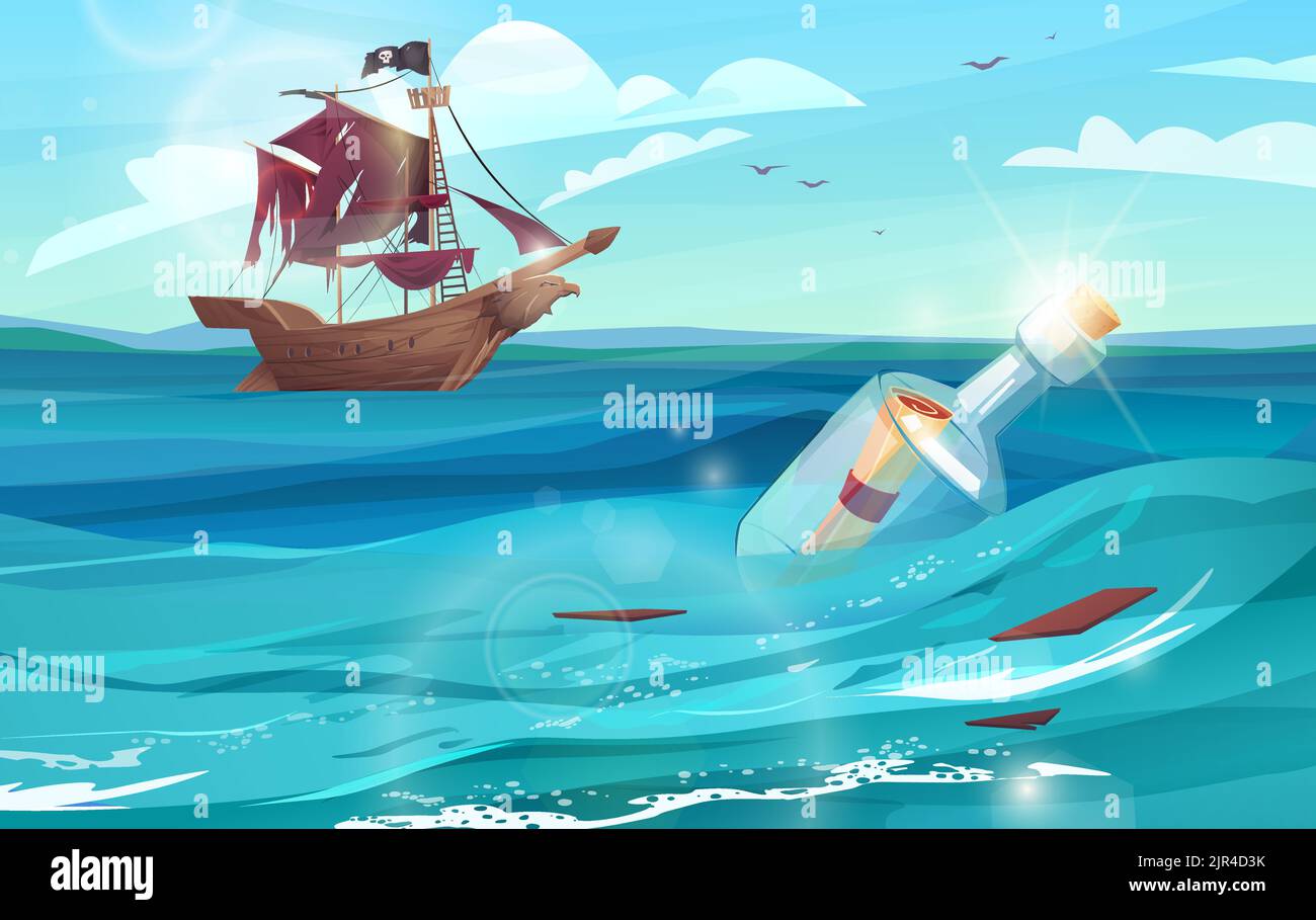 Bouteille avec message en papier flottant dans la mer. Les pirates naviguent au loin . Illustration de dessin animé. Illustration de Vecteur