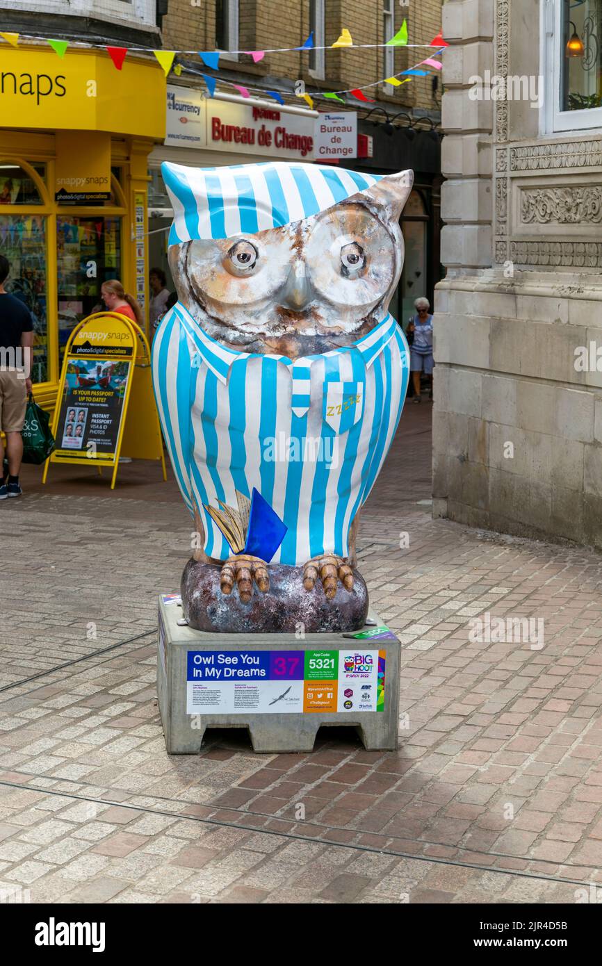 Big Hoot 2022, événement art Trail grande sculpture de hibou peint dans le centre-ville, Ipswich, Suffolk, Angleterre, Royaume-Uni Banque D'Images