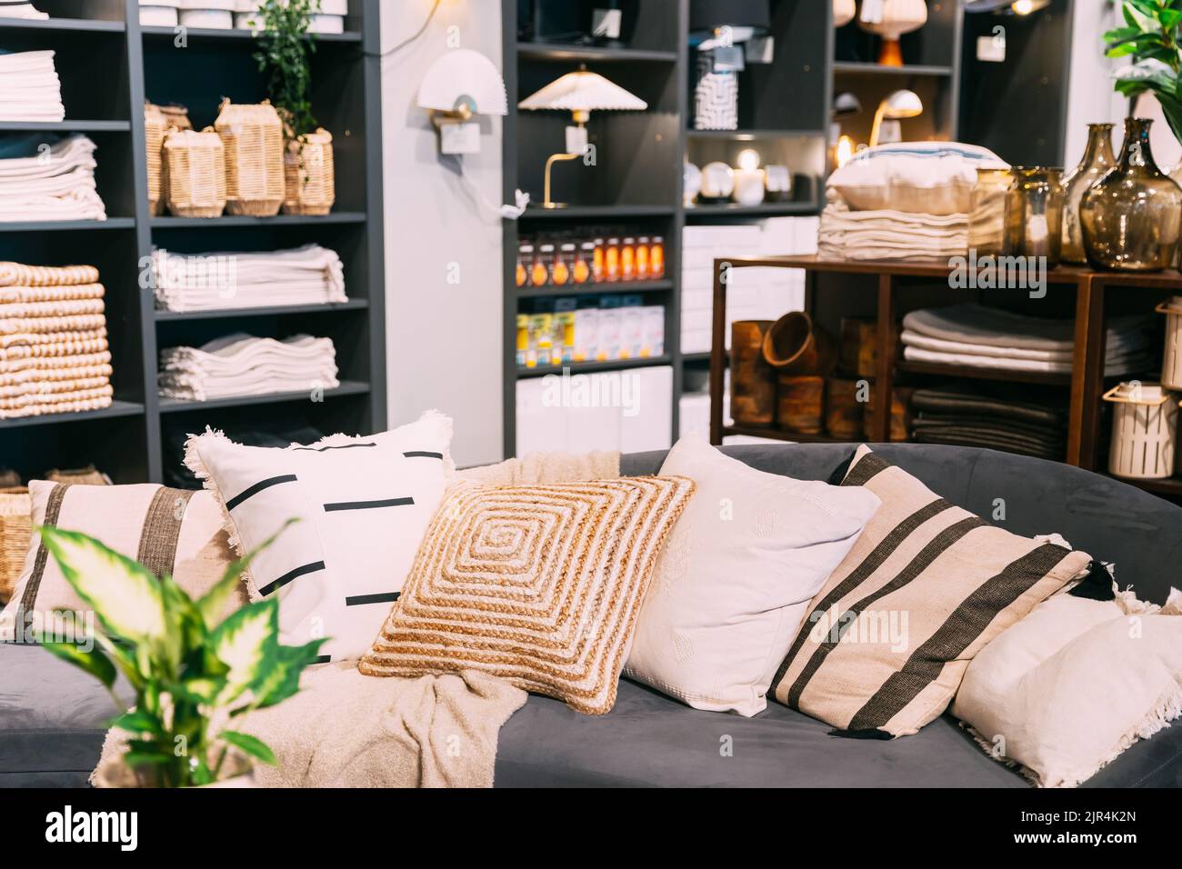 Accessoires pour la maison et produits ménagers dans le magasin du centre commercial. Vue des accessoires pour la maison pour le salon dans la boutique de mode. Canapé avec Banque D'Images