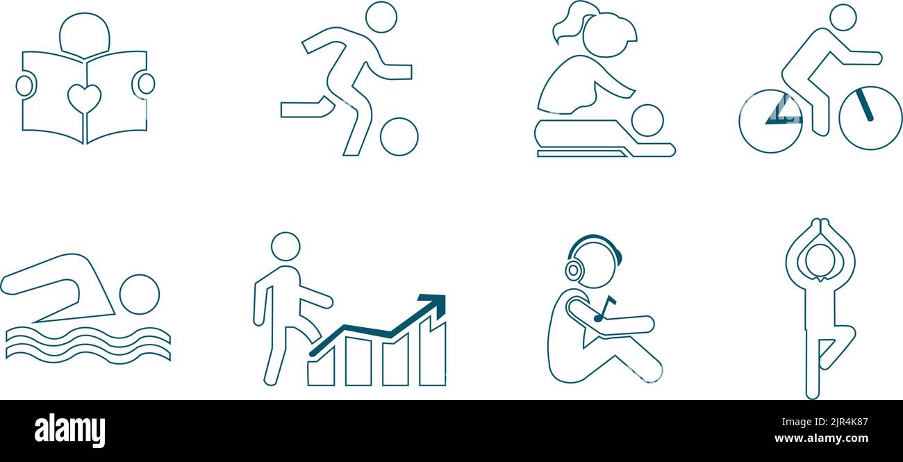 Lecture, jouer, massage, cyclisme, natation, illustration vectorielle de succès, de musique et de jeu d'ions de yoga Illustration de Vecteur