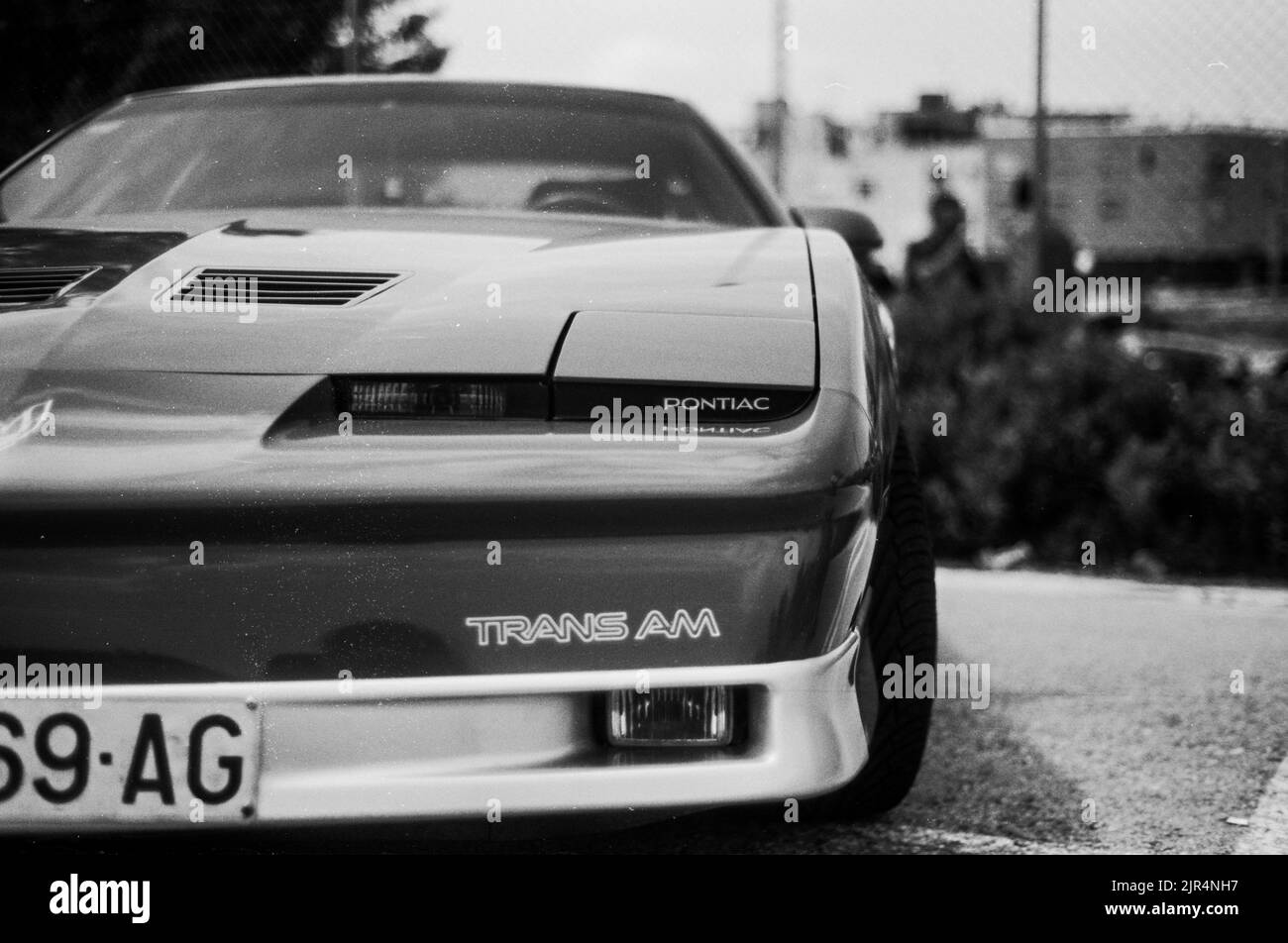 Gros plan en échelle de gris sur la voiture Pontiac Firebird Trans AM Banque D'Images