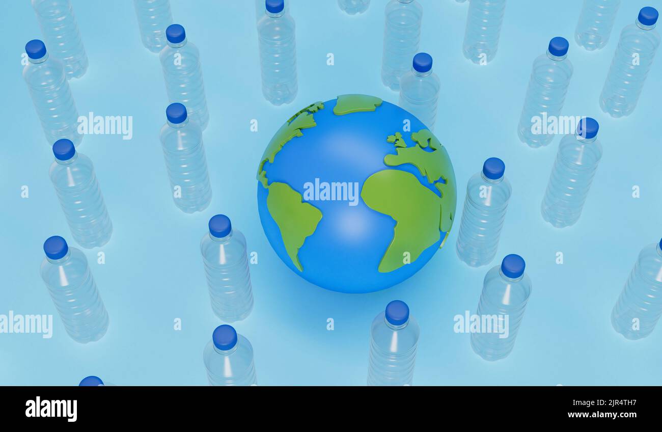 Globe terrestre avec flacons en plastique vides. Concept global de pollution plastique. 3D rendu Banque D'Images