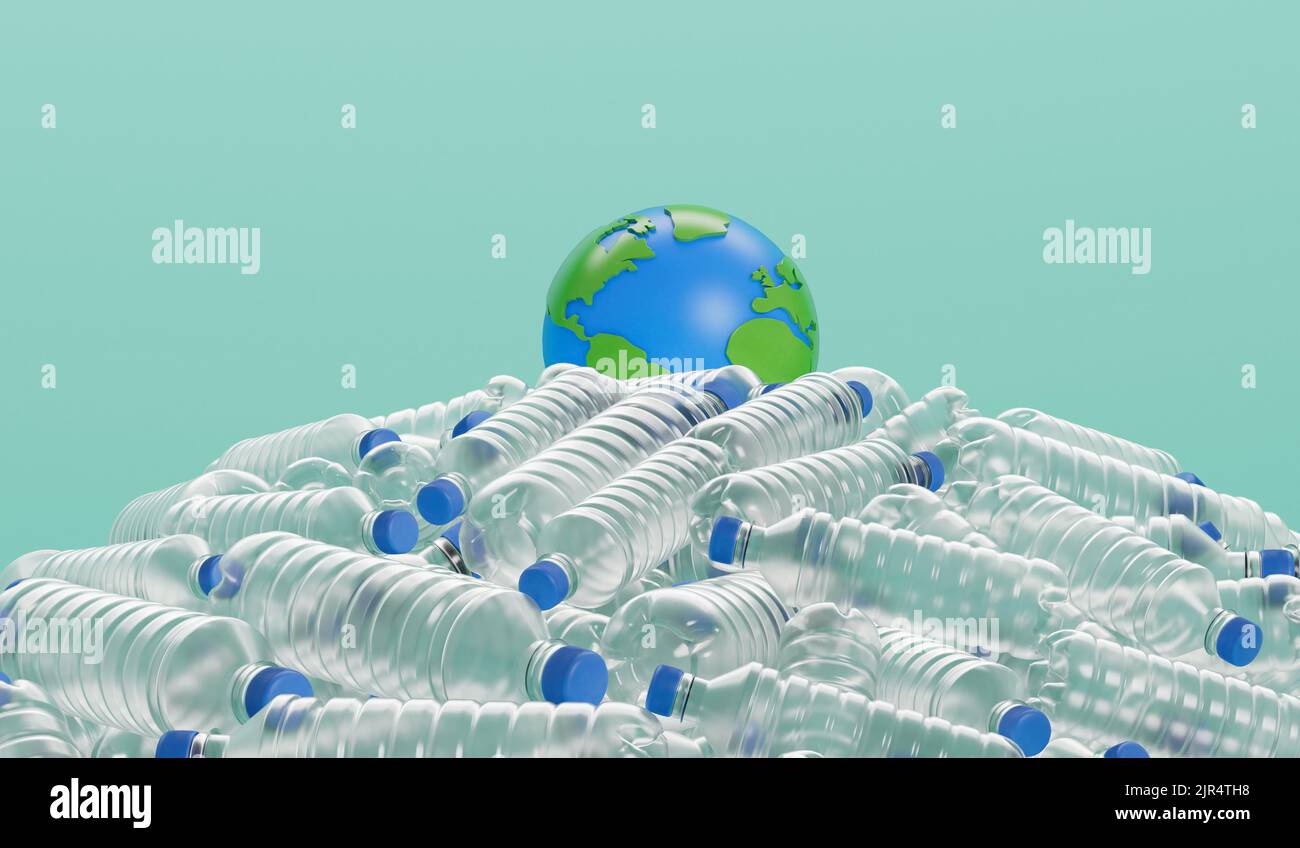 Globe terrestre avec flacons en plastique vides. Concept global de pollution plastique. 3D rendu Banque D'Images