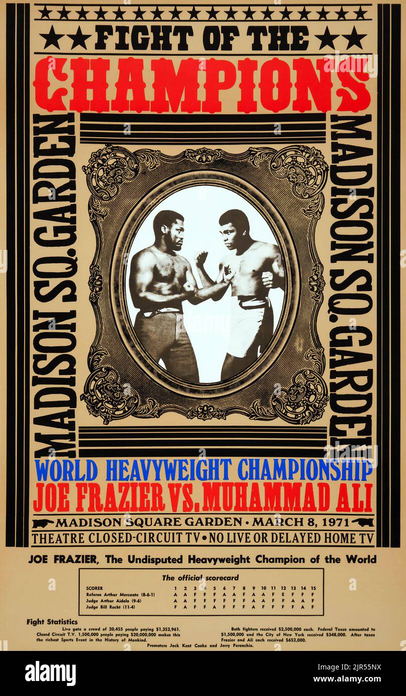 1971 Muhammad Ali contre Joe Frazier I Fight Poster avec des scores Round by Round Banque D'Images