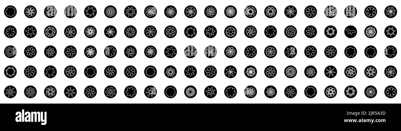 vecteur : ensemble de 100 fleurs dans une icône noire. illustration vectorielle. avec des couleurs noir et blanc Illustration de Vecteur