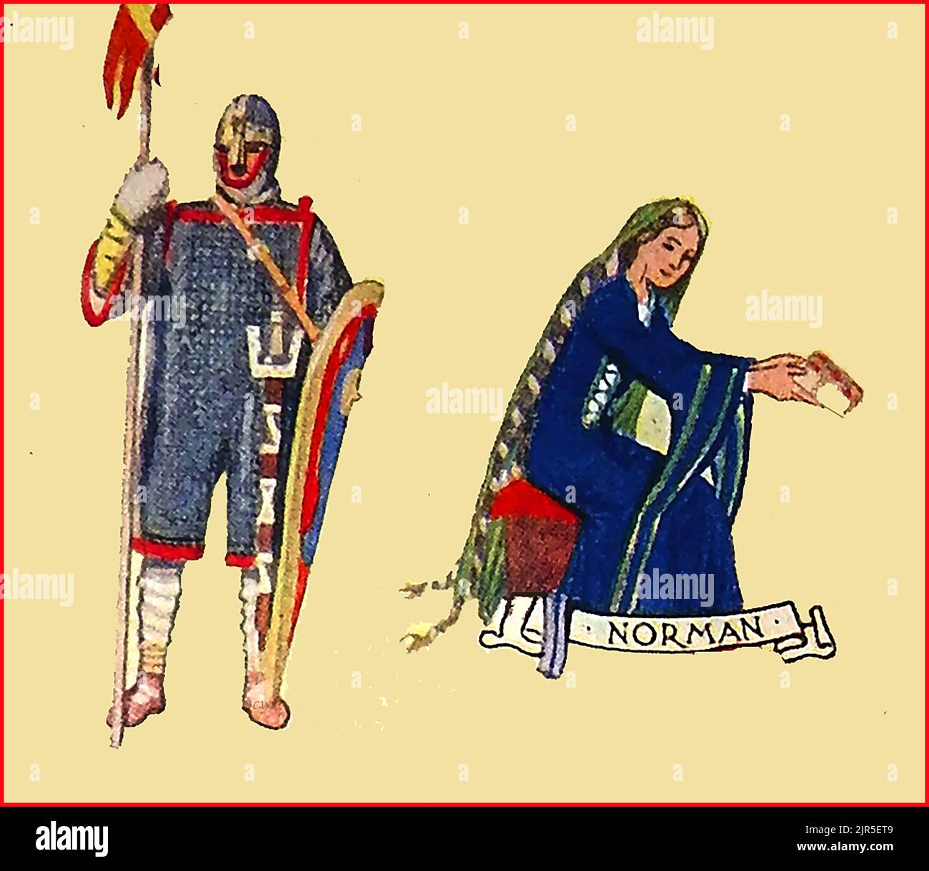 MODE EN GRANDE-BRETAGNE - une image de couleur ancienne montrant des vêtements typiques à l'époque normande. Banque D'Images