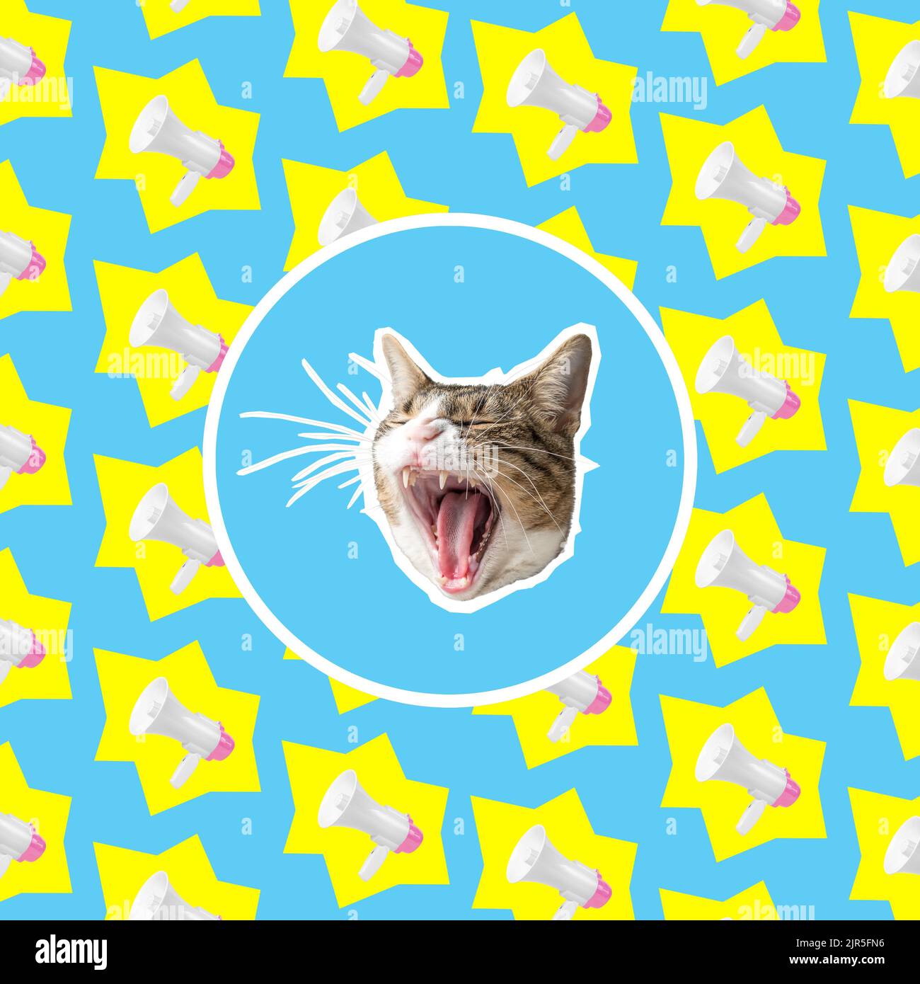 Motif collage pop art avec tête de chat et mégaphones. Concept publicitaire minimal. Banque D'Images