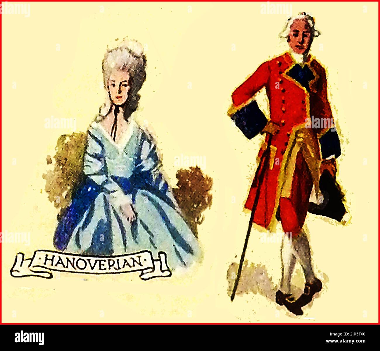 MODE EN GRANDE-BRETAGNE - une vieille image colorée montrant des vêtements typiques à l'époque hanoverienne. Banque D'Images