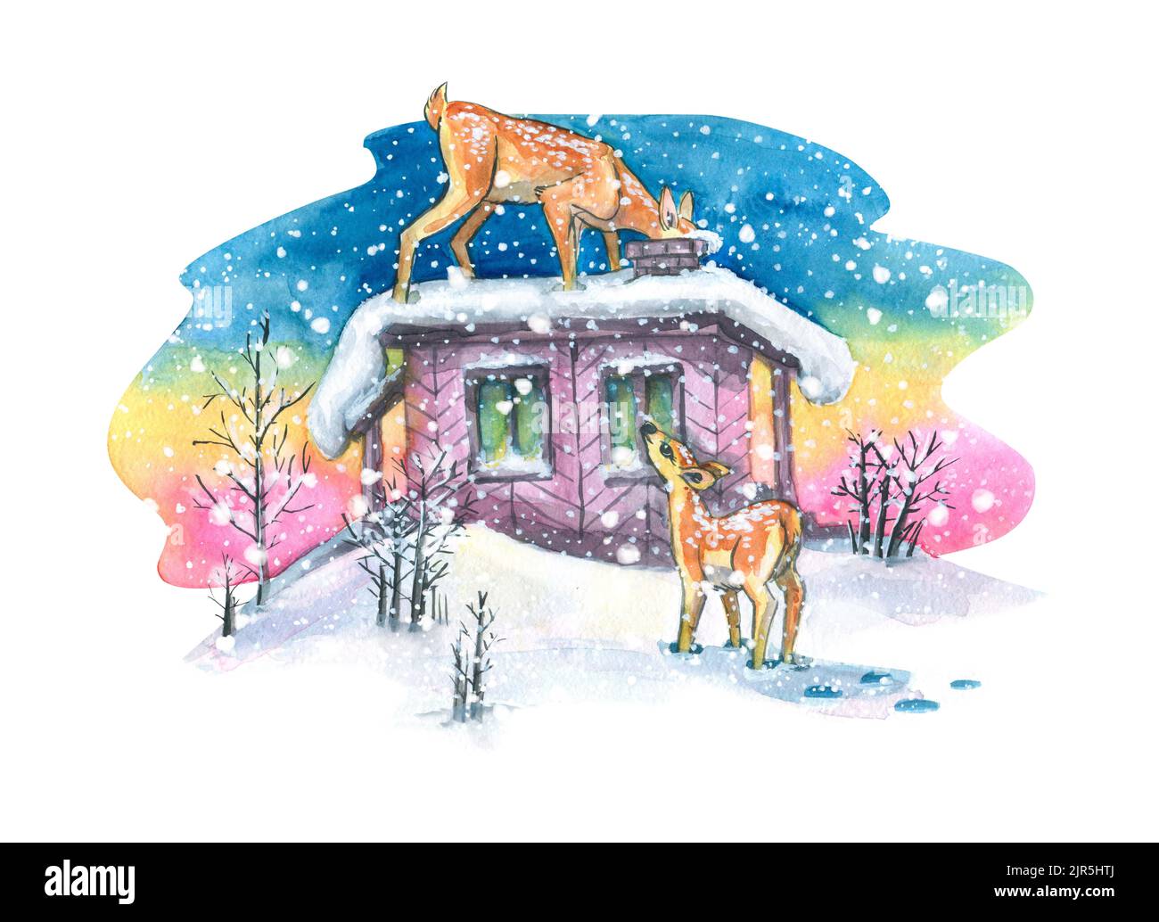 L'hiver aquarelle illustration, une maison rustique contre le fond de l'aube, coucher de soleil, avec de mignons et curieux fawns. Pour la conception du nouvel an et Banque D'Images