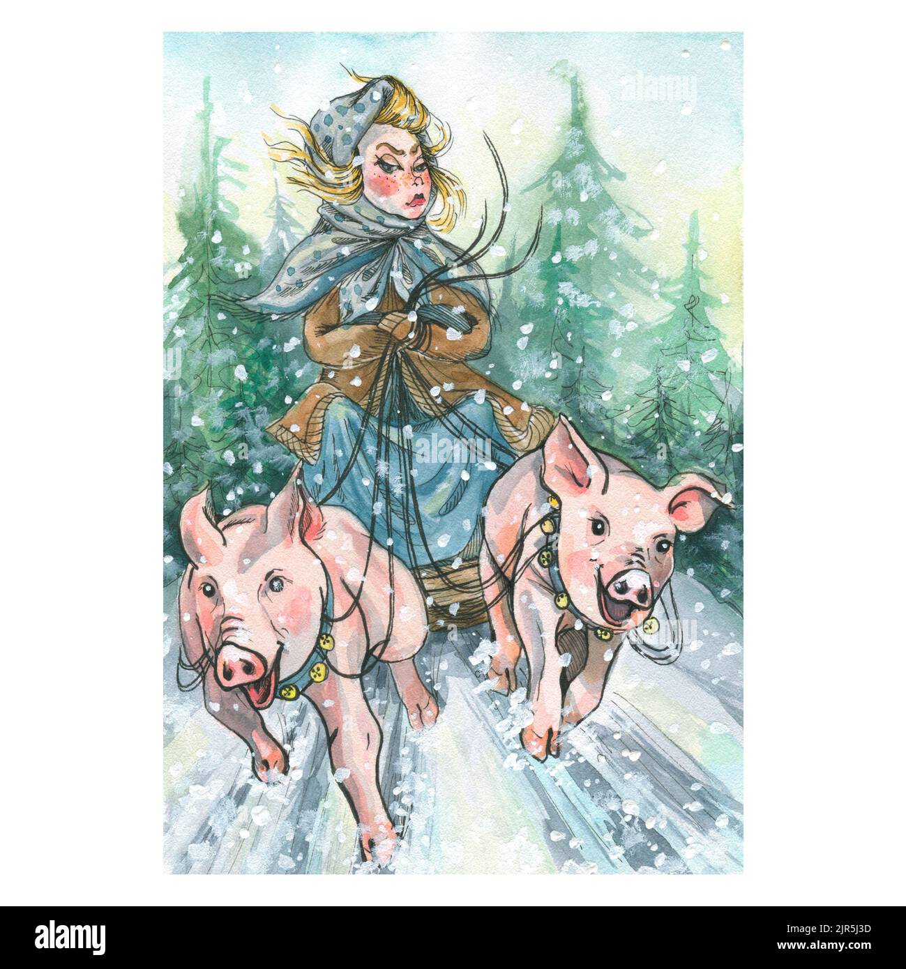 Illustration aquarelle basée sur le conte de fées Morozko avec une jeune fille de village sur un traîneau tiré par des cochons. Pour le design et la décoration de la nouvelle année et Banque D'Images