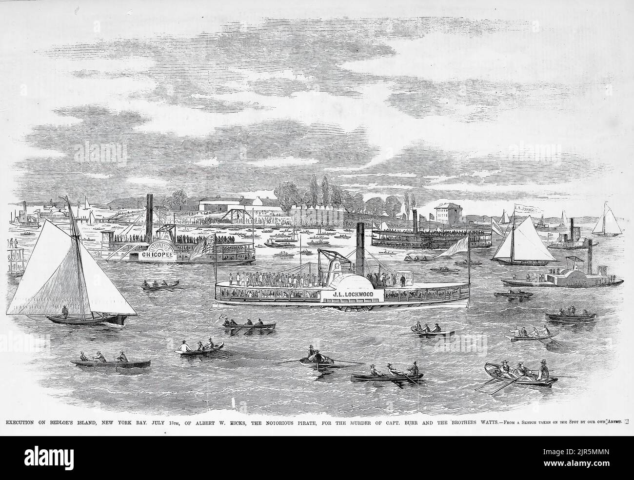 Exécution sur l'île de Bedloe, dans la baie de New York, au 18 juillet 1860, d'Albert W. Hicks, le célèbre pirate, pour le meurtre du capitaine George H. Burr et des frères Watts. Illustration du 19th siècle du journal illustré de Frank Leslie Banque D'Images