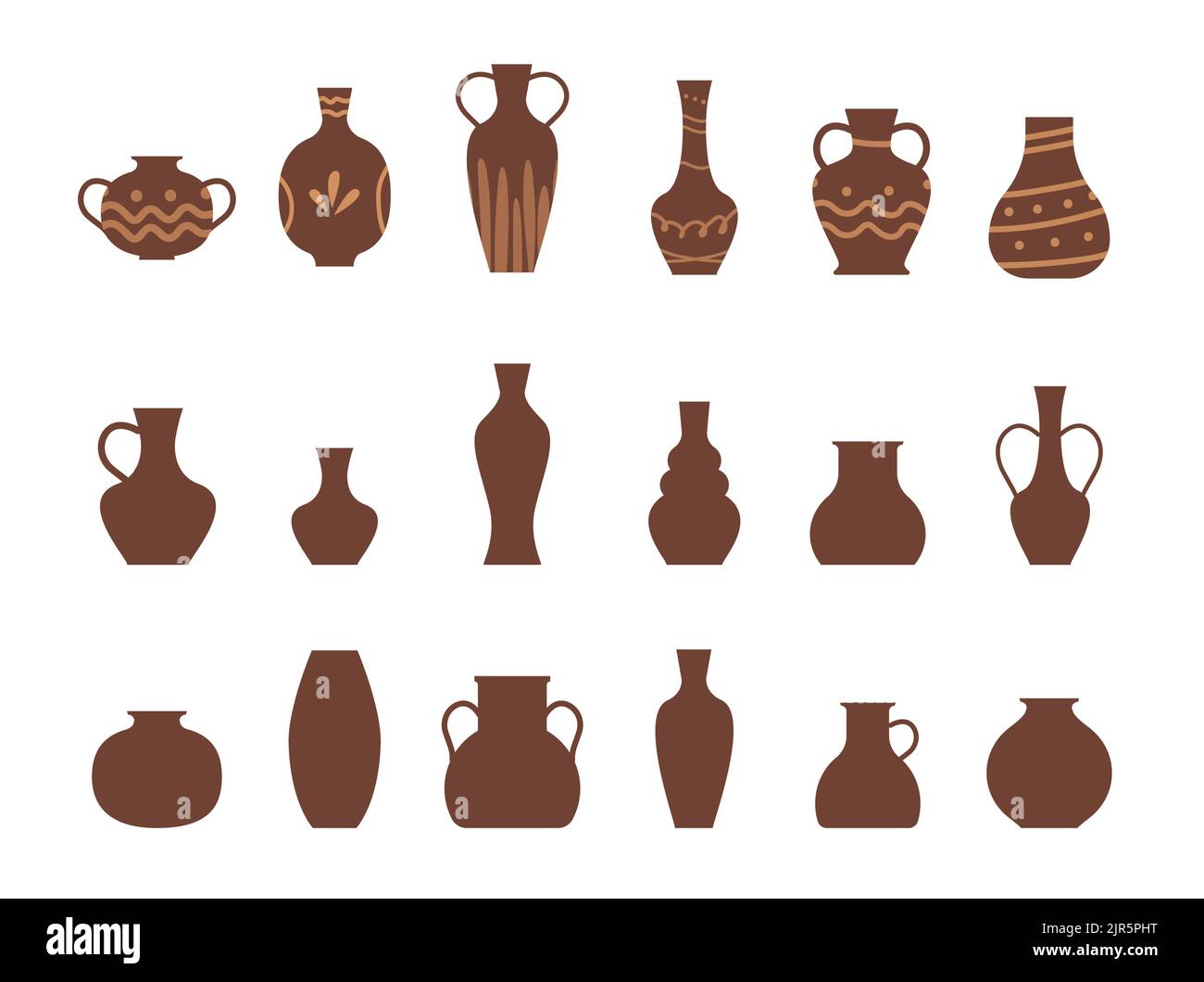 Grand ensemble vase. Vases en poterie isolés. Collection d'icônes vectorielles de divers vaisseaux Clay pour la création de motifs ou de logos. Illustration de Vecteur