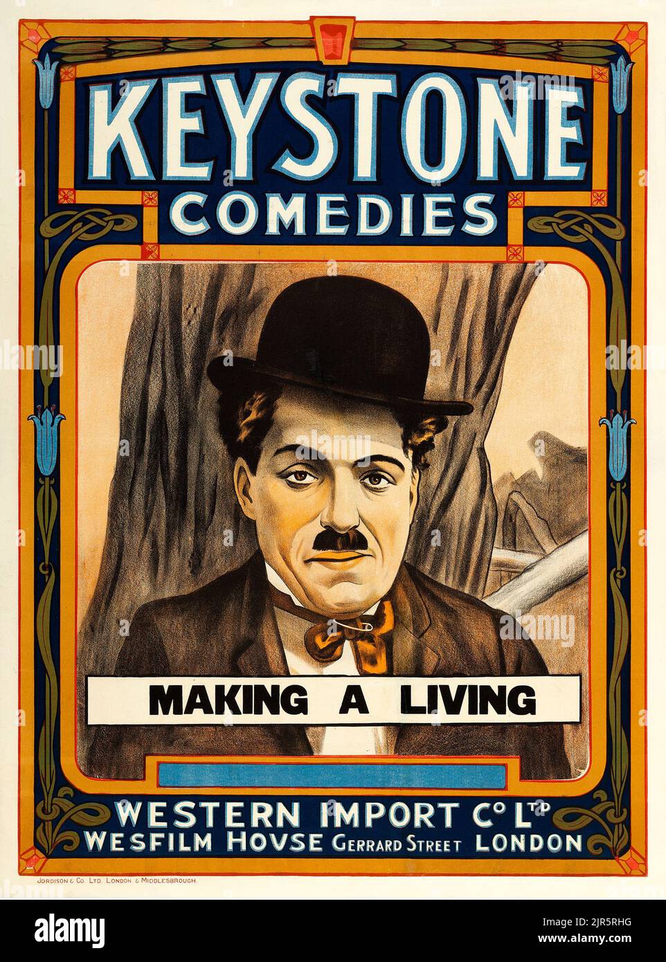 Affiche de film d'époque (Keystone Comedies - Western Import, Wesfilm House, 1915). Stock British - Making a Living (également connu sous le nom de Doing HIS Best, A busted Johnny, troubles, and Take My Picture) est le premier film avec Charlie Chaplin. Banque D'Images