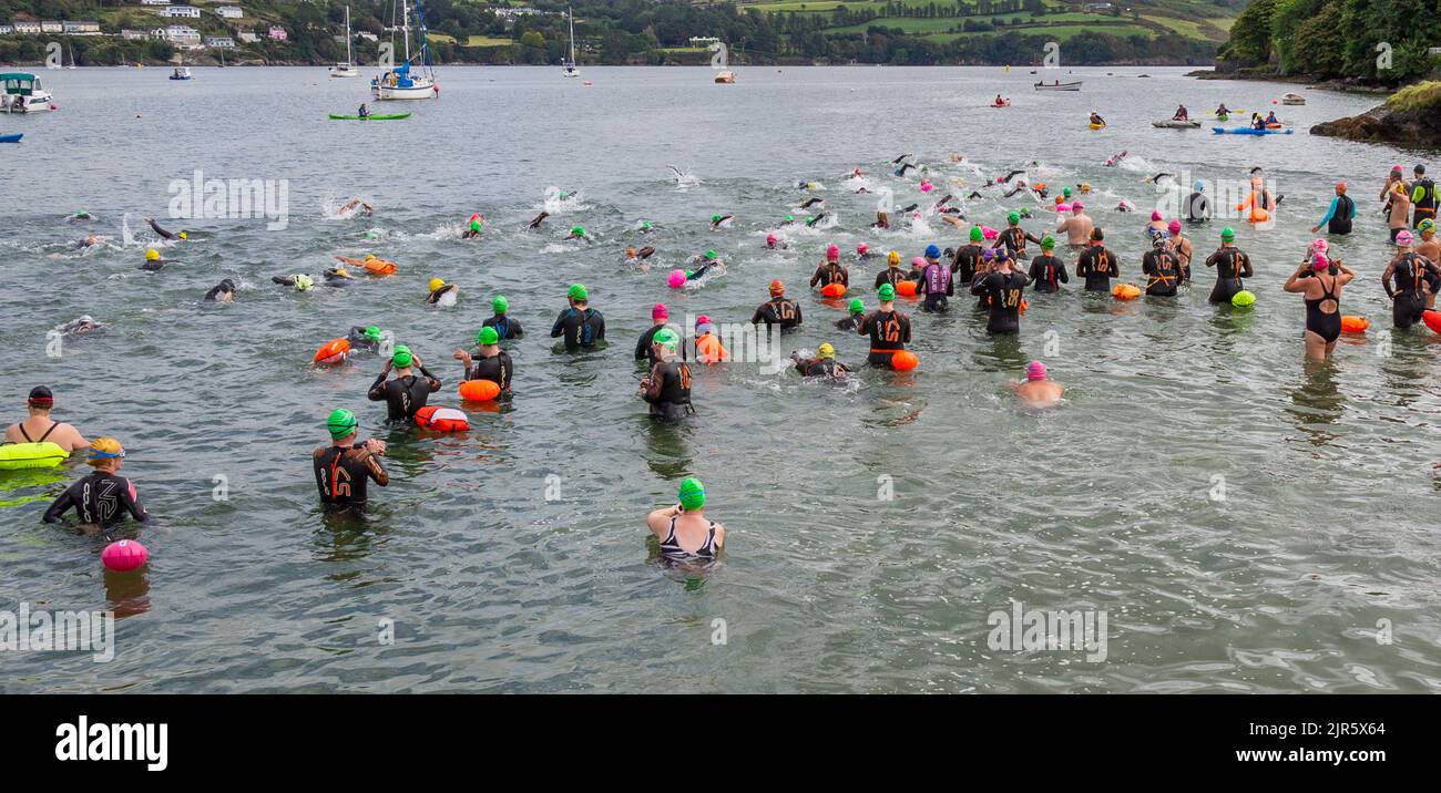 Grand groupe de personnes dans la mer sur l'événement de natation de charité Banque D'Images