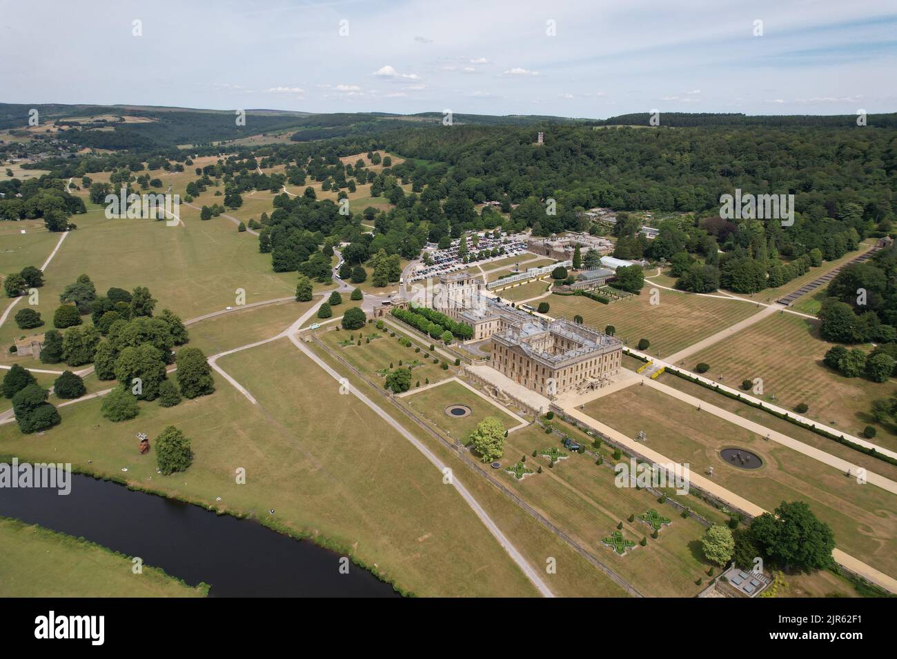 Chatsworth House Derbyshire Dales Angleterre, vue aérienne de drone Banque D'Images