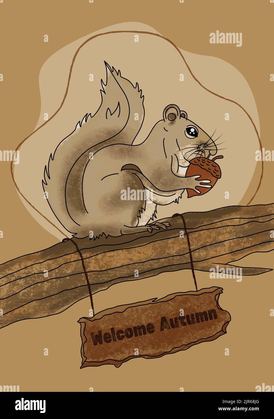 Écureuil mangeant l'écrou d'corne assis sur la branche d'arbre Bienvenue thème automne illustration vectorielle. Texture dessinée à la main sur fond marron. Médias sociaux Illustration de Vecteur