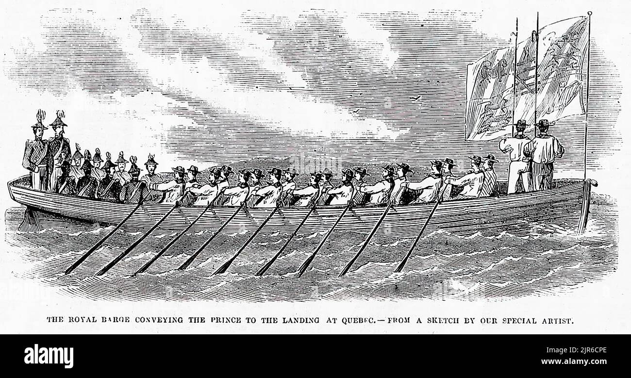La barge royale transportant le prince jusqu'au débarquement à Québec. 1860 visite d'Albert Edward, Prince de Galles (Edward VII), au Canada. Illustration du 19th siècle du journal illustré de Frank Leslie Banque D'Images