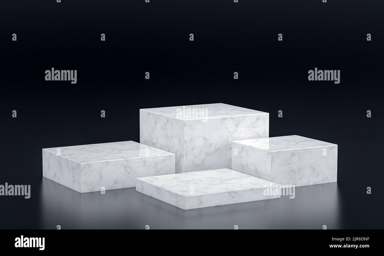 podium avec blocs de marbre blanc et arrière-plan sombre. 3d rendu Banque D'Images