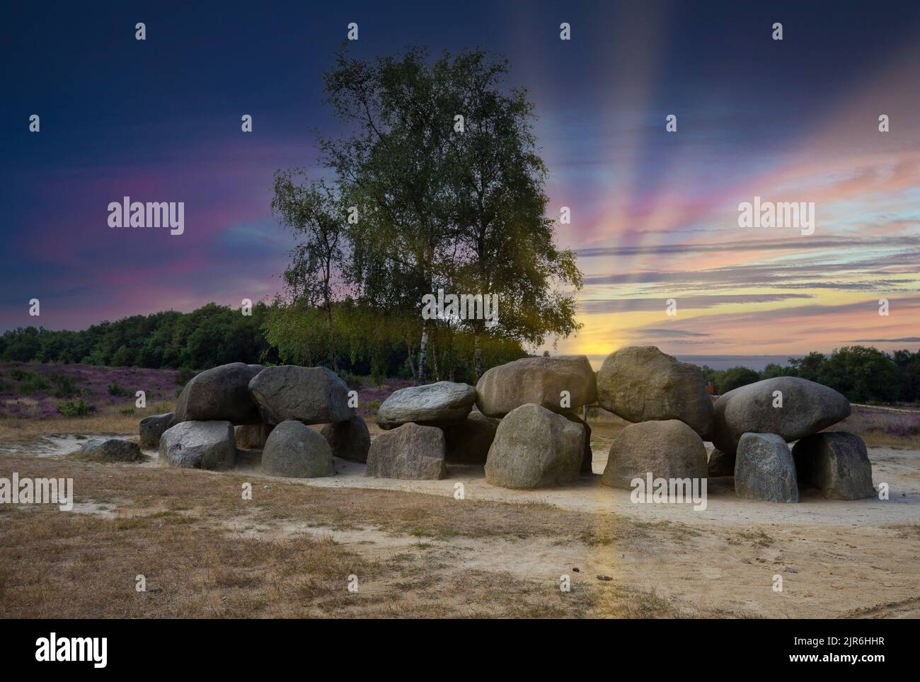 Paysage au coucher du soleil avec dolmen, D54, dans la province de Drenthe, pays-Bas avec un fond de chênes et un beau ciel coloré. Un dolmen Banque D'Images