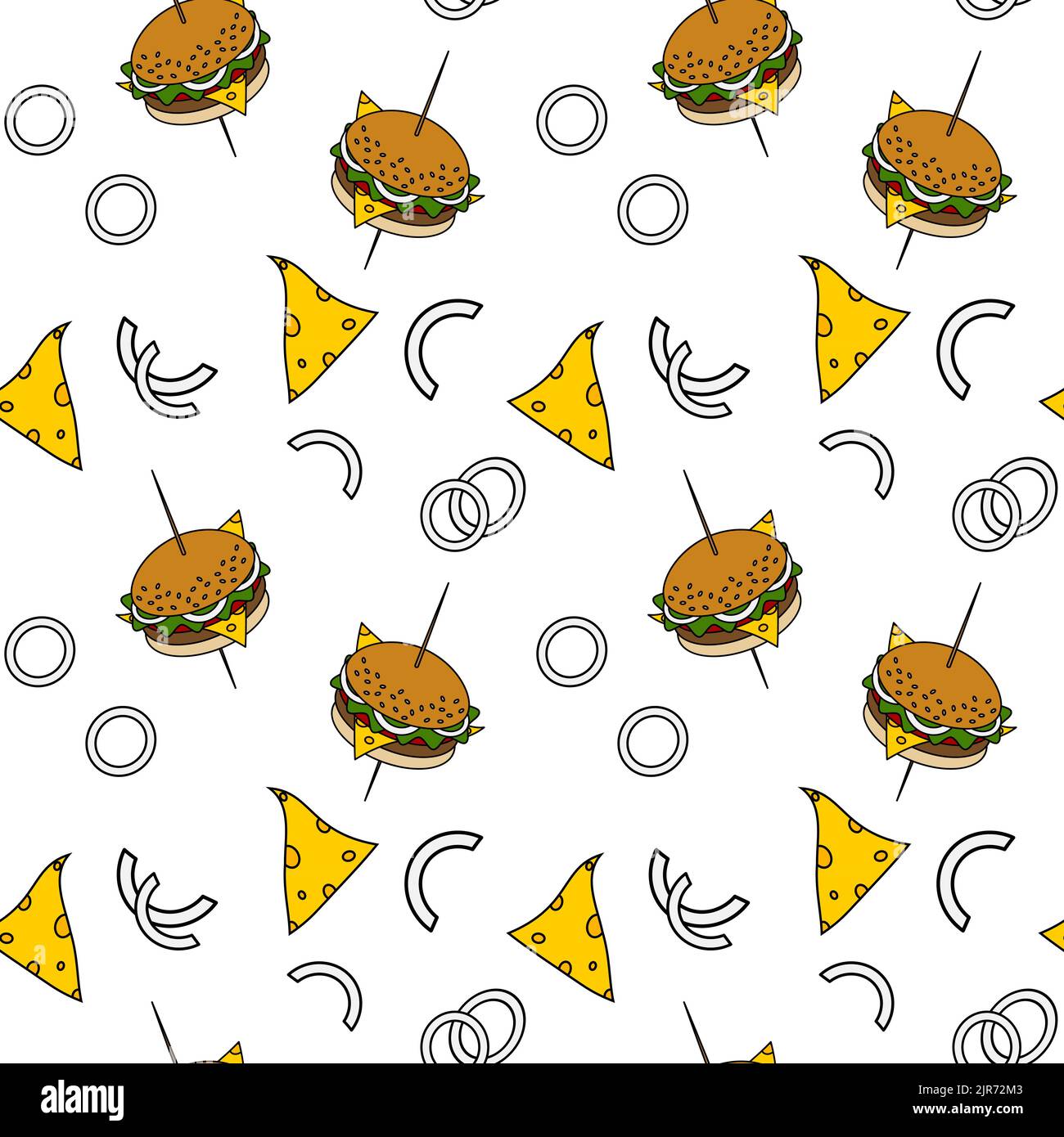 Un motif sans couture des hamburgers sur un bâton avec du fromage, des graines de sésame et des rondelles d'oignon sur un fond transparent. Cuisine de rue. Style de vie. Bonne journée de nourriture. Isoler. Imprimé mode. Illustration de Vecteur
