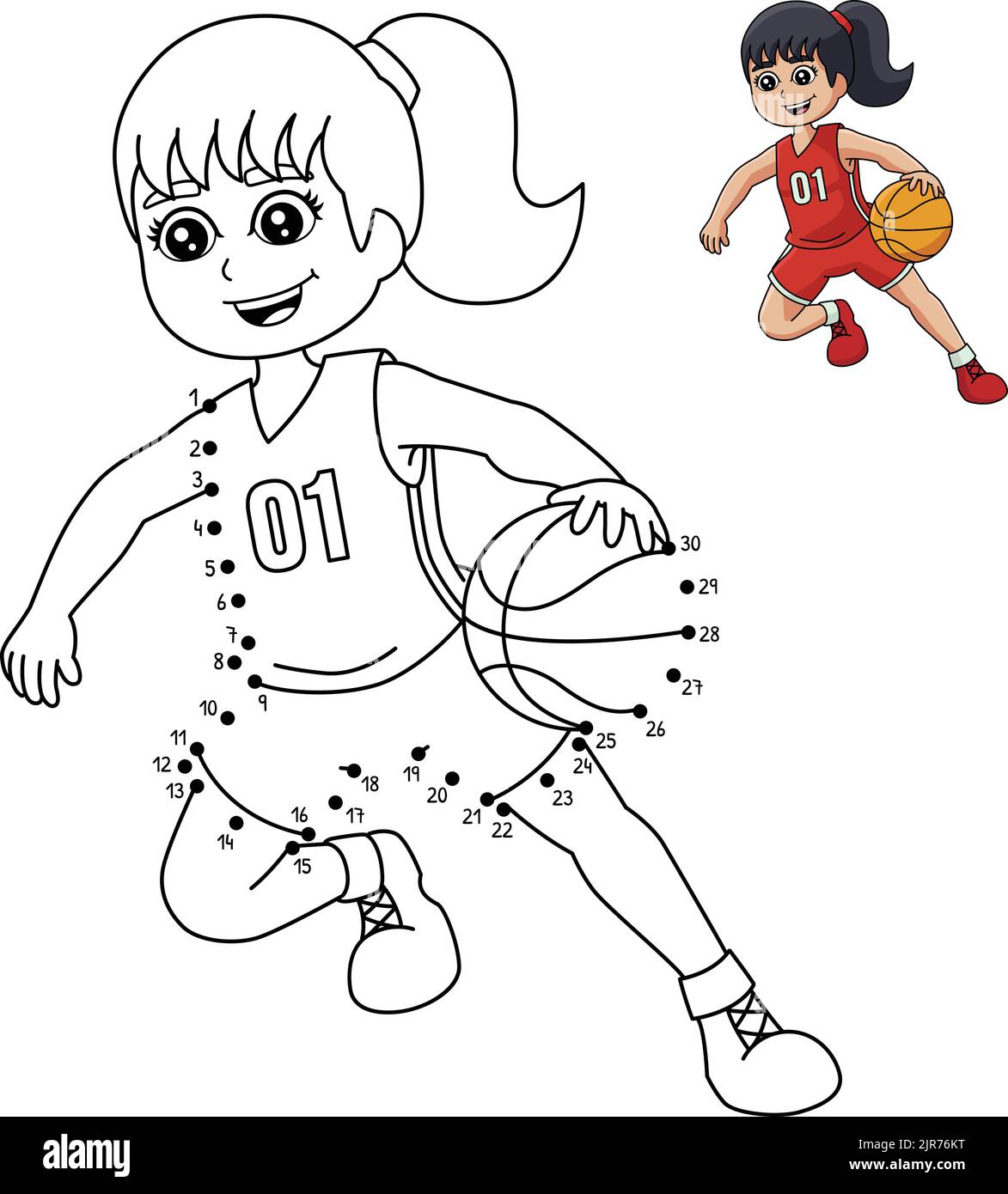 Dot to Dot Girl jouant Basketball coloriage page Illustration de Vecteur