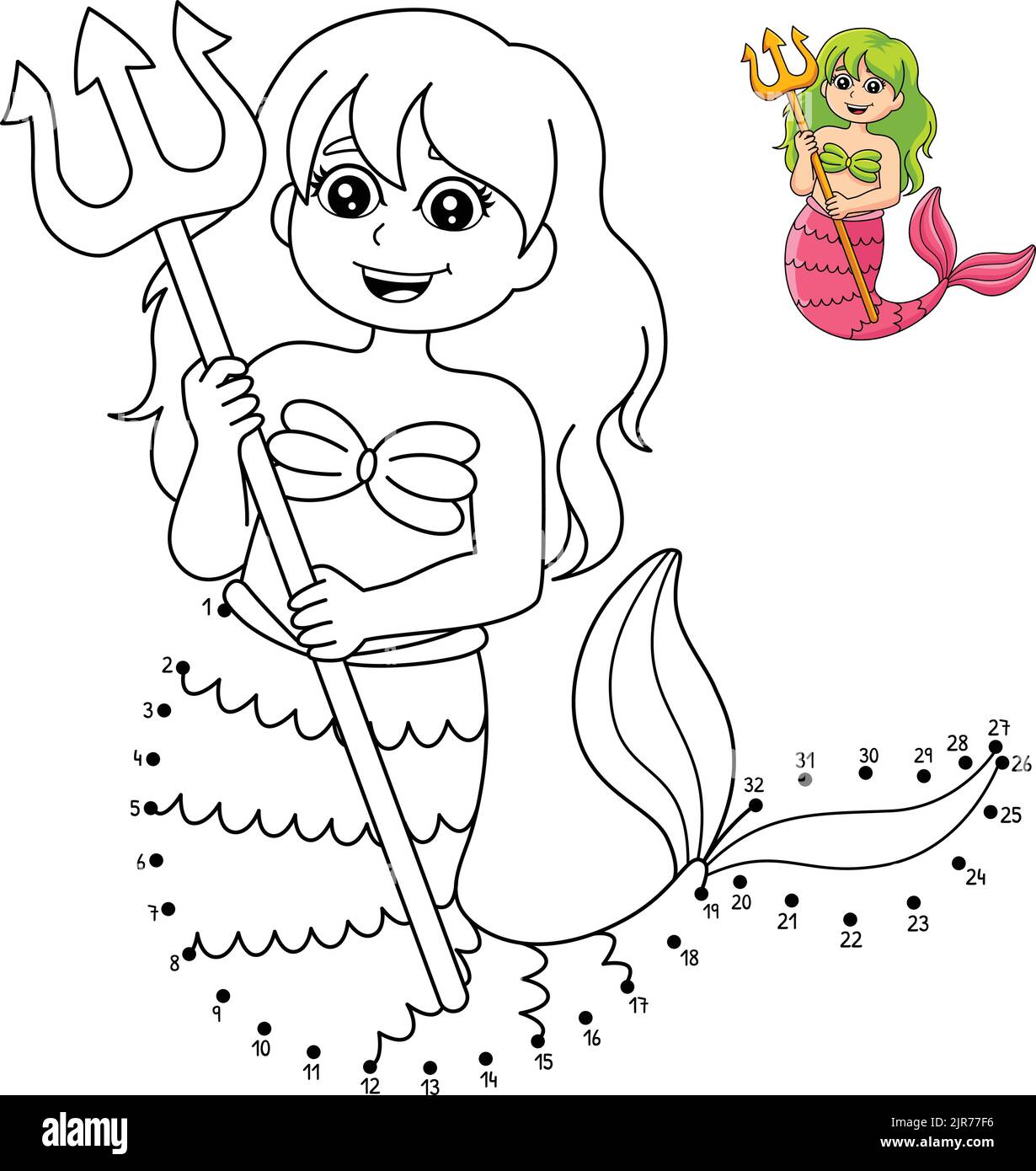 Page de coloriage de Trident de tenue de sirène point à point Illustration de Vecteur