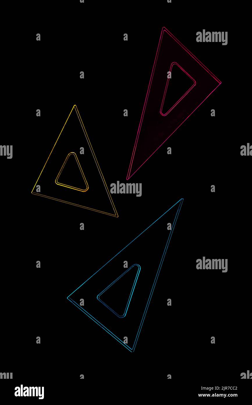 Composition minimaliste créative avec fournitures scolaires volantes dans l'air dans des couleurs néon sur fond noir isolé avec espace de copie. Retour à l'école. Minimaliste, art conceptuel Cyberpunk et cosmos esthétique. Banque D'Images